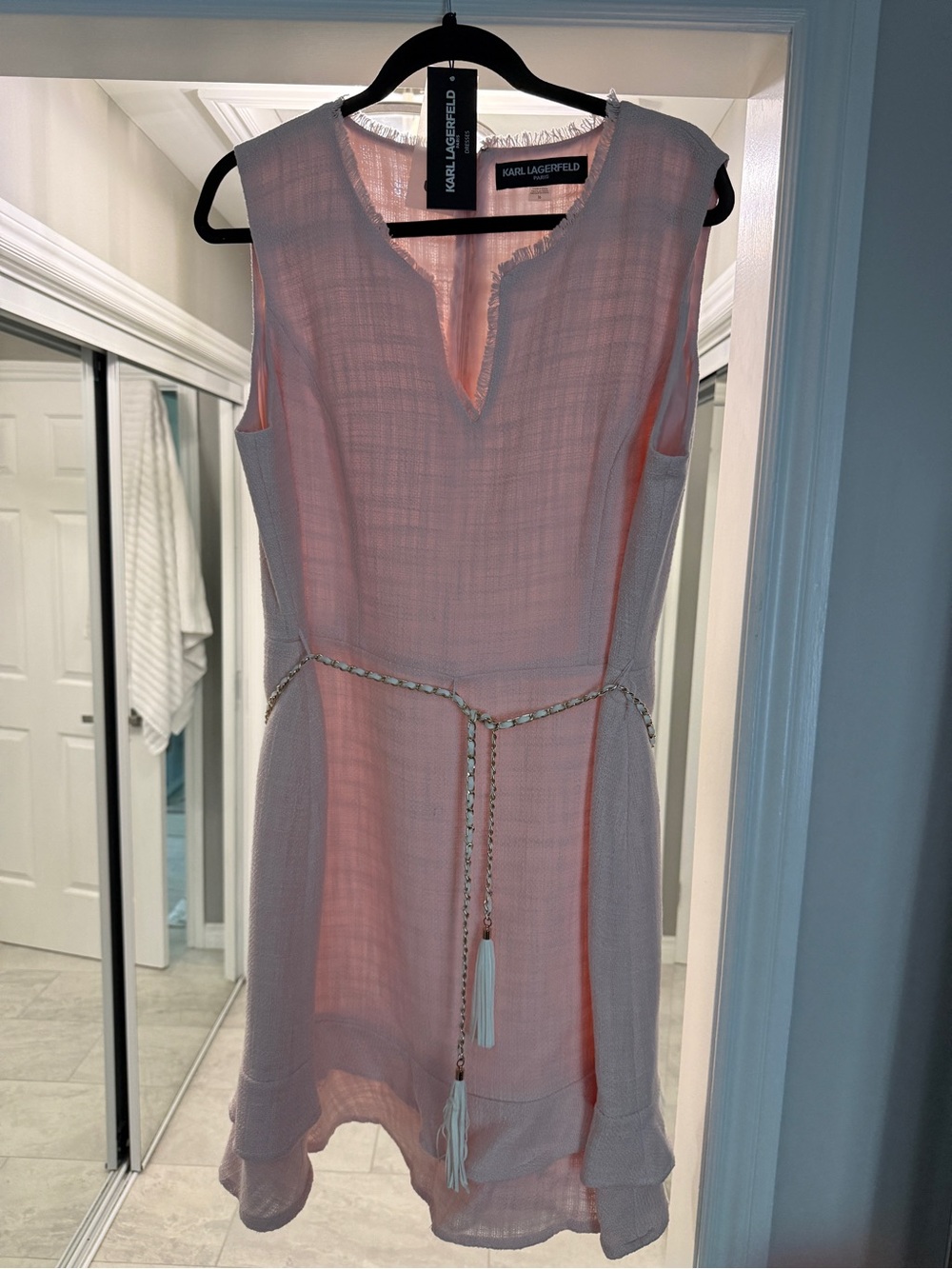 Karl Lagerfeld Light Pink Sleeveless V-Neck Mini Dress with Tassel Belt